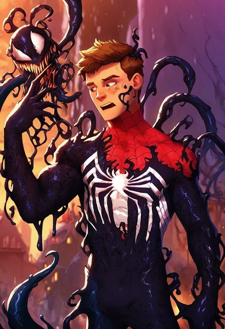 score_9, score_8_up, score_7_up, 1boy, msm_peter, hazel eyes, ivy league cut, venom spider-man, unmasked, venom_assimilation, black suit, transformation, venom, corruption, black slime (substance), tentacles, depth of field, vfx
