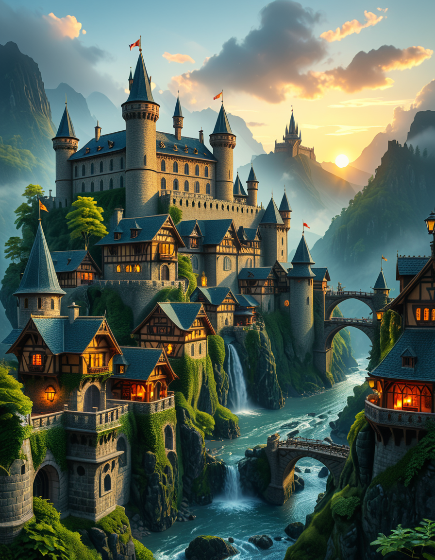 A breathtaking medieval fantasy city nestled in a lush valley, surrounded by towering mountains and dense forests. A grand castle with multiple towers and turrets stands atop a hill, overlooking the town below. The city consists of charming half-timbered houses with glowing windows, perched on rocky cliffs and connected by stone bridges over cascading waterfalls. The river flows through the village, reflecting the warm golden lights of lanterns and torches. Ivy and moss grow over the stone walls, adding to the enchanted, ancient atmosphere. The background features misty mountains with additional fortresses and watchtowers, partially hidden by low-hanging clouds. The sky is illuminated by a soft, warm sunset, casting a golden glow on the scenery, creating a perfect blend of realism and fantasy. Highly detailed, cinematic, and immersive, with a magical, fairy-tale ambiance.
<lora:SDXLFaeTastic2400:0.4> <lora:extremely_detailed:0.4> extremely detailed, <lora:medieval_f4nt4sy_c1ty:1>,medieval f4nt4sy c1ty, Masterpiece,best quality,hi res,8k,hi res,8k,award winning,(sharp focus, intricate, highly detailed),