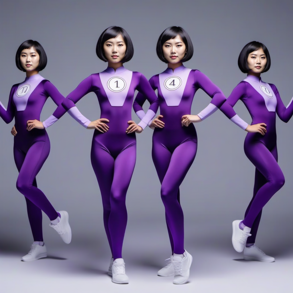 cinematic photo DupliKate1024,(((a full body))) quituplet asian women wearing a purple bodysuit, different numbers in a circle on the chest, fightingposes  <lora:DupliKate1024:0.85> . 35mm photograph, film, bokeh, professional, 4k, highly detailed