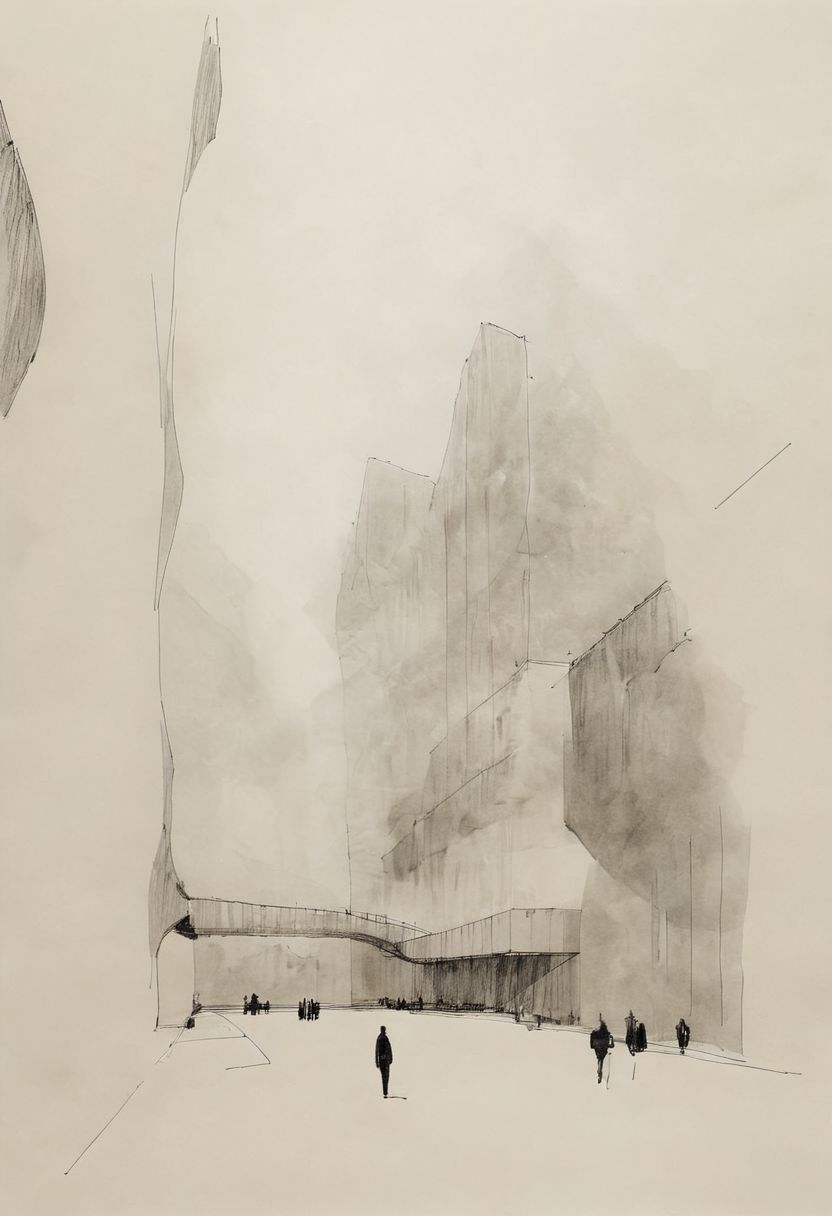 a professional hand sketch of architecture,
(POV view , DOF, first people view from the entrance, low angle shot:1.4),
(Ancient civilization, Alien Prometheus movie scene, dune movie scene:1.5), (The colonial city of the future, in the mist-filled Grand Canyon, on an unknown Earth-like planet, 2 moon on sky, Spaceship flight connects colonies, waterfulls:1.3), (Machu Picchu, a mountain settlement, incredibly spectacular:1.2), (Mario Botta:1.3), (avant-garde, future, reality, science fiction, photorealistic), (modern architecture:1.2), White limestone with black granite, fountain, waterfall, landmark, square, path, narrow street,
(Large Files, Ultra Realistic, 8K, 16k, FHD, HD, VFX, Perfect, Photography, composition, Architecture Sales Photography, Architecture Competition, Ultra High Resolution, Cinematography, High Resolution Image:1.1), (dramatic lighting, direct sunlight, ray tracing, clear shadow:1.2),  (real landscape:1.1), (blurred background:1.0), (urban background, more_details) ,
great lighting, extremely detailed, hillscastel, Neo Classic, Architecture sketch