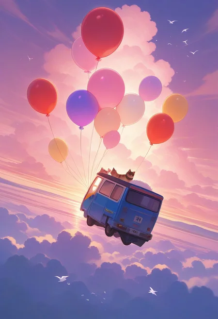 cat,dog,ppstorybook,A whimsical, flying van with rainbow-colored paint and oversized wheels, soaring through the clouds with balloons trailing behind, surrounded by fluffy clouds and playful birds, depicted in a cheerful, cartoonish style with soft pastel hues.,high quality,best quality, amazing quality,
absurdres, very aesthetic, newest, HDR, high detail RAW color art,
intricate details, hyper aesthetic, incredibly absurdres, highres,
BREAK,