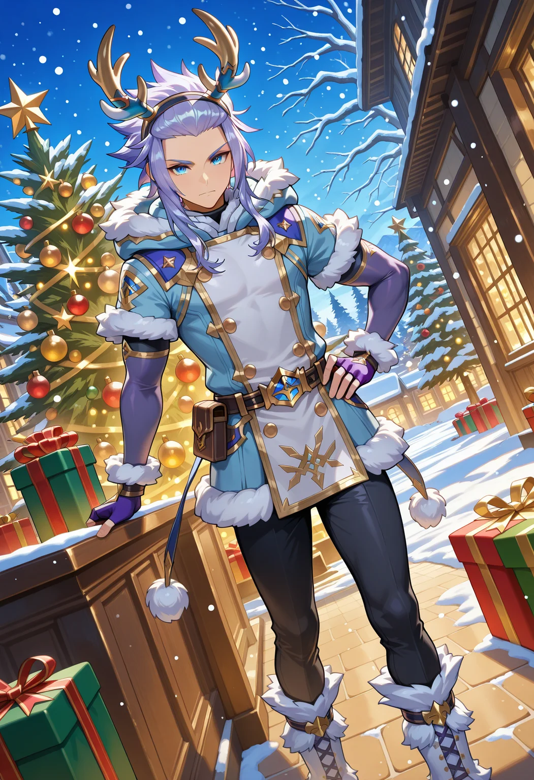 masterpiece,best quality,amazing quality,xainfried,dragonyule xainfried,1boy,male focus,fur trim,gloves,solo,fingerless gloves,hand on own hip,sidelocks,blue coat,blue eyes,looking at viewer,horns,coat,standing,purple hair,reindeer antlers,boots,purple fingerless gloves,belt,fur-trimmed coat,buttons,closed mouth,short sleeves,hood,black pants,hairband,hood down,detached sleeves,forehead,pants,gold trim,fur-trimmed sleeves,fur footwear,fur-trimmed hood,fake antlers,double-breasted,christmas,v-shaped eyebrows,winter clothes,fur-trimmed jacket,official art,elbow gloves,pom pom \(clothes\) hood,<lora:Xainfried_V1-3-000010:0.9>,christmas tree,gift,snowing,dutch angle,