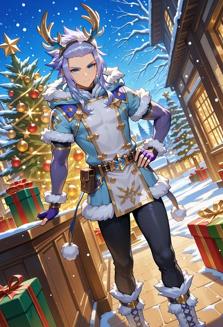masterpiece,best quality,amazing quality,xainfried,dragonyule xainfried,1boy,male focus,fur trim,gloves,solo,fingerless gloves,hand on own hip,sidelocks,blue coat,blue eyes,looking at viewer,horns,coat,standing,purple hair,reindeer antlers,boots,purple fingerless gloves,belt,fur-trimmed coat,buttons,closed mouth,short sleeves,hood,black pants,hairband,hood down,detached sleeves,forehead,pants,gold trim,fur-trimmed sleeves,fur footwear,fur-trimmed hood,fake antlers,double-breasted,christmas,v-shaped eyebrows,winter clothes,fur-trimmed jacket,official art,elbow gloves,pom pom \(clothes\) hood,<lora:Xainfried_V1-3-000010:0.9>,christmas tree,gift,snowing,dutch angle,