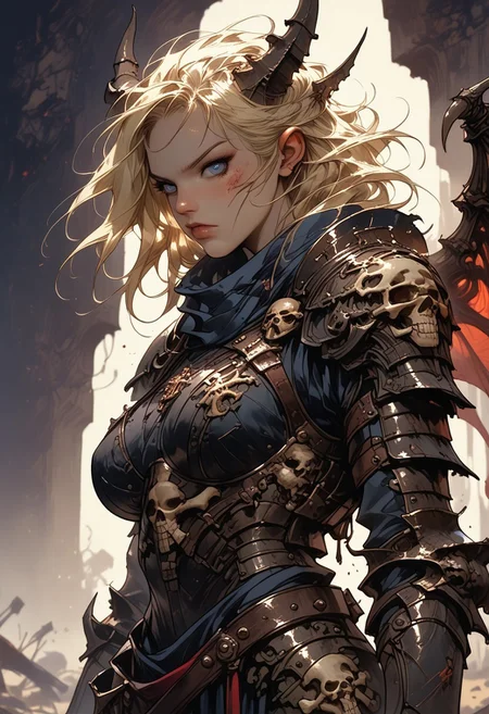 score_9, score_8_up, score_7_up, score_6_up, score_5_up, score_4_up, rating_explicit, source_western, Ellie Buckingham, ((Bright Blond hair)), Blond Hair, Blond Bright blue eyes. Very large breasts, torpedo breasts, humongous breasts Western Style Artwork. Bold Lines,
1girl, black goat horns, curled back goat horns, ,bone wings, old armor, rusty armor, dirty armor. ((black)) armor. demonic faces on armor, spikey armor, high detail armor, claws,, red glow from armor, internal glow, low fantasy, dark lighting, gauntlets, dusty skin, ashen skin, bone ridges, boney brow, bone spurs
1 girl, cowboy shot detailed background, battlefield, wasteland, thighs
glare, looking at viewer
arm0rs3nt1n3l
dark theme
sinozick style