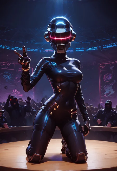 score_9, score_8_up, score_7_up, rave, helmet, skintight bodysuit, dj, Tron, mix table, concert, linear laser light show, crowd, dark tone, bright lasers, edm, edm concert, high energy, edm mix, laser beams, neon light show, highly detailed, intricate, zzCitronLegacy, daft punk, daft punk helmet, 1girl, adult