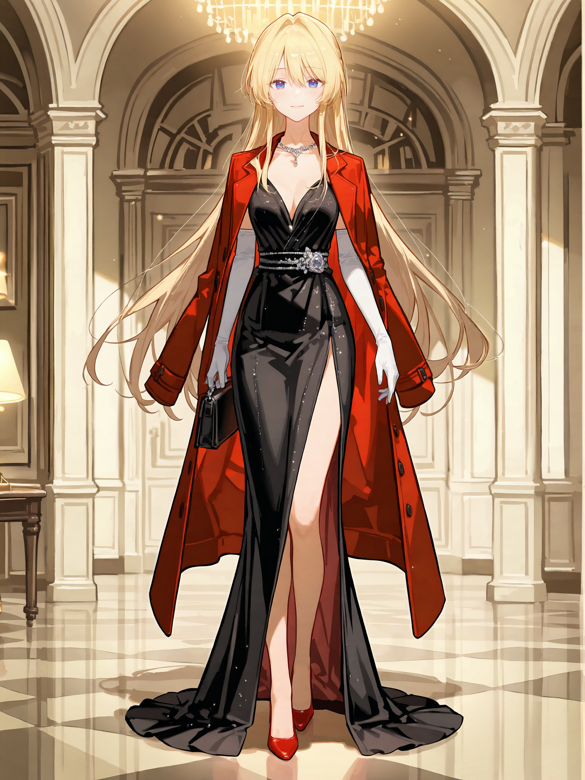 1girl, ouzuka mai, solo, blue eyes, white elbow gloves, red high heels, necklace, black evening gown, coat on shoulders, red coat, holding handbag, standing, full body, light smile, looking at viewer, ballroom, indoors, depth of field ,  <lora:Char-Ouzuka-Mai-V1-IL:0.9>
masterpiece, best quality, amazing quality, very aesthetic, absurdres, (ask \(askzy\), hiten \(hitenkei\):0.7), perfect features, intricate details, ray tracing, <lora:XL-aesthetic_anime:1:hr=0.1>, <lora:XL-detailed_notrigger:1:hr=0.5>