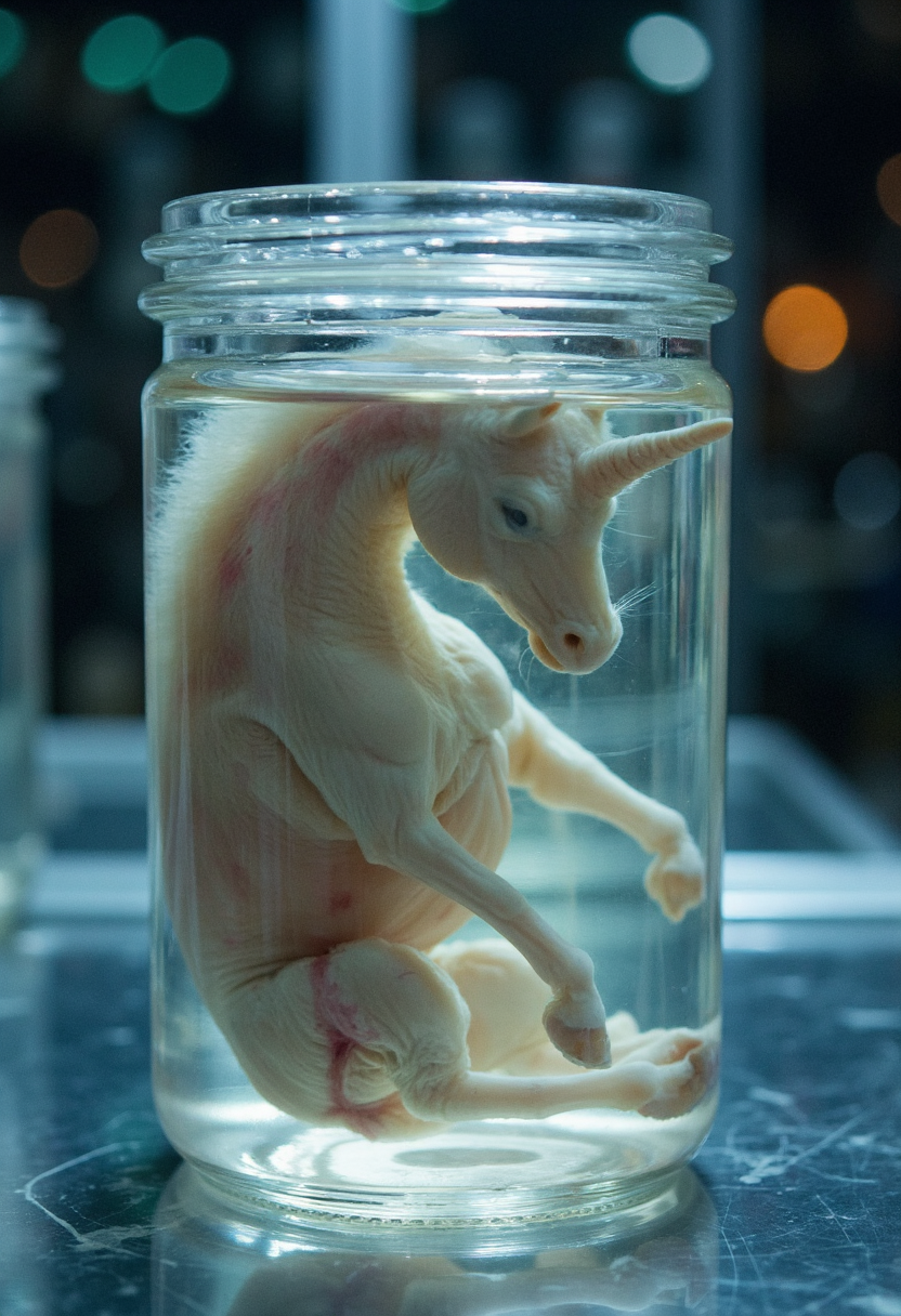 photograph of wet sample of a unicorn embryo in a beaker of clear liquid, looking very fresh, floating in fetal position. Tender transparent skin with red veins visible underneath, large head, small torso, very small hooves, small twisted horn, milky eyes, very detailed, creepy atmosphere, harsh bright light in a modern hi-teck laboratory <lora:wet_sample-000129:1>