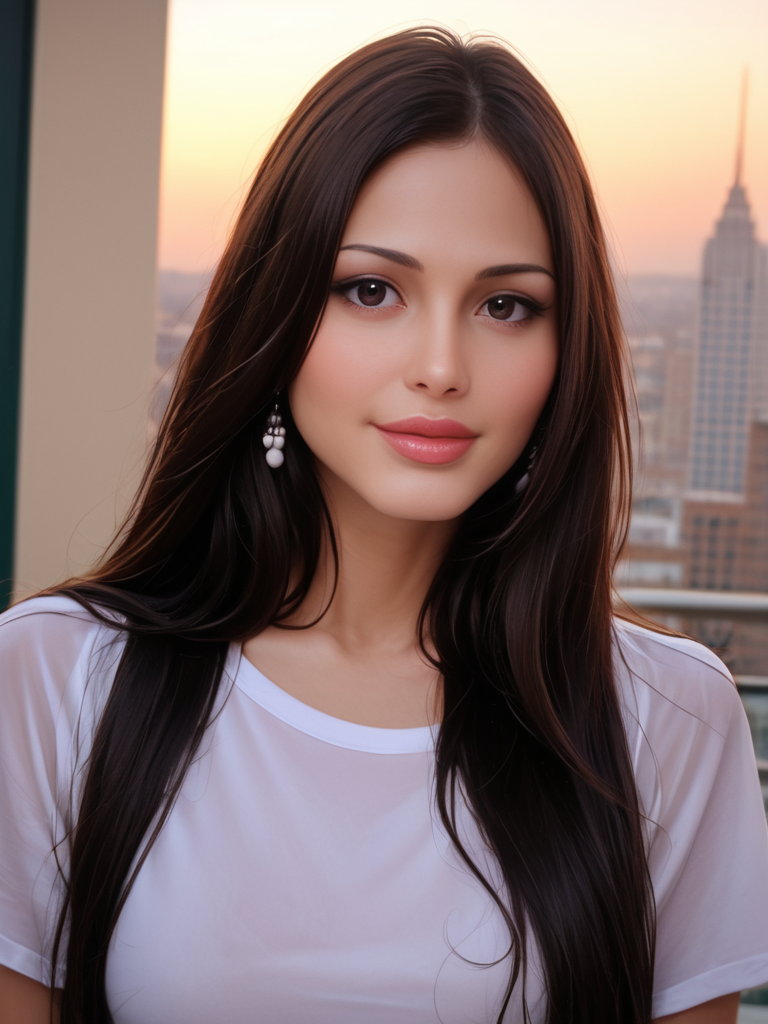 score_9, score_8_up, score_7_up, Patricia Araujo, Patricia4r4ujo, <lora:Patricia4r4ujo-000008-pony:1>,  cinematic, ultra detailed, portrait, 1girl, makeup, lips, long hair, dark hair, big lips, wearing big baggy shirt, cityscape, 1980s, solo, looking at viewer, bokeh, focus, film, velvia, artistic, best quality, photograph, focus, face focused, magic hour, photography, warm light, sunset, movie still,