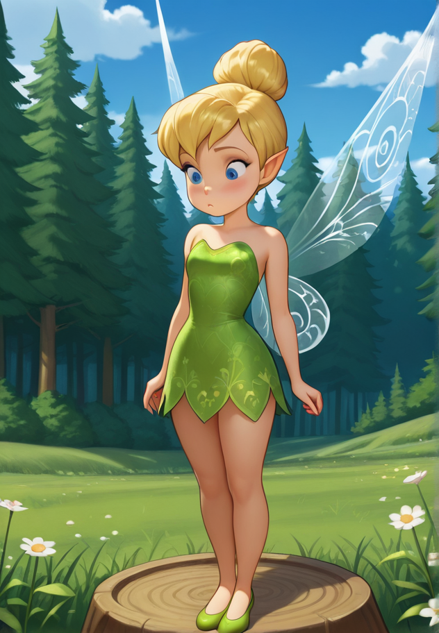 masterpiece, best quality, amazing quality, very aesthetic, absurdres,  newest, detailed background, cowboy shot,  outdoors, dynamic angle, forest, sky, clouds, flower
tinkerbellxd, 1girl, fairy, solo, pointy ears, wings, hair bun, dress, blonde hair, bare shoulders, strapless, fairy wings, single hair bun, strapless dress, minigirl, green dress, shoes, full body, green footwear, blue eyes,
<lora:Tinkerbell_-_Disney_Illustrious:1>