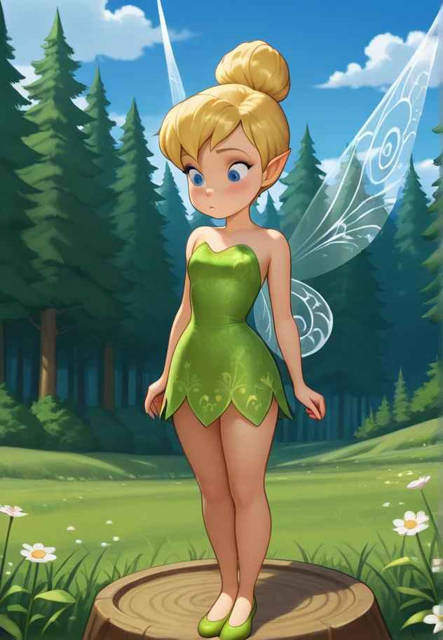 masterpiece, best quality, amazing quality, very aesthetic, absurdres,  newest, detailed background, cowboy shot,  outdoors, dynamic angle, forest, sky, clouds, flower
tinkerbellxd, 1girl, fairy, solo, pointy ears, wings, hair bun, dress, blonde hair, bare shoulders, strapless, fairy wings, single hair bun, strapless dress, minigirl, green dress, shoes, full body, green footwear, blue eyes,
<lora:Tinkerbell_-_Disney_Illustrious:1>