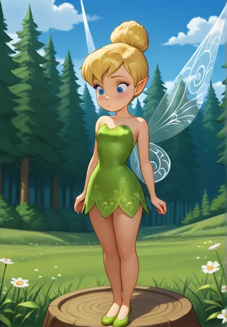 masterpiece, best quality, amazing quality, very aesthetic, absurdres, newest, detailed background, cowboy shot, outdoors, dynamic angle, forest, sky, clouds, flower
tinkerbellxd, 1girl, fairy, solo, pointy ears, wings, hair bun, dress, blonde hair, bare shoulders, strapless, fairy wings, single hair bun, strapless dress, minigirl, green dress, shoes, full body, green footwear, blue eyes,
<lora:Tinkerbell_-_Disney_Illustrious:1>