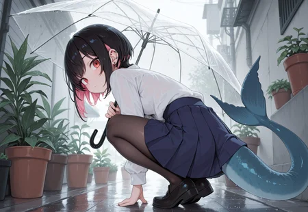 masterpiece, best quality, amazing quality, 1girl, transparent, transparent umbrella, skirt, solo, umbrella, tail, holding, red eyes, shirt, looking at viewer, holding umbrella, piercing, ear piercing, white shirt, blue skirt, multicolored hair, black hair, squatting, plant, pleated skirt, short hair, pink hair, colored inner hair, pantyhose, looking back, virtual youtuber, closed mouth, outdoors, potted plant, earrings, fish tail, jewelry, tonerostyle