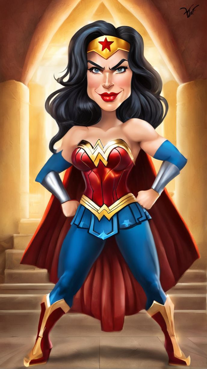 A professional full-body studio shot of Wonderwoman Caricaturized <lora:SDXL-Caricaturized-Lora:1>, Very detailed, clean, high quality, sharp image