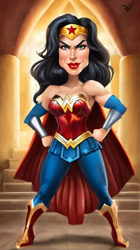 A professional full-body studio shot of Wonderwoman Caricaturized <lora:SDXL-Caricaturized-Lora:1>, Very detailed, clean, high quality, sharp image