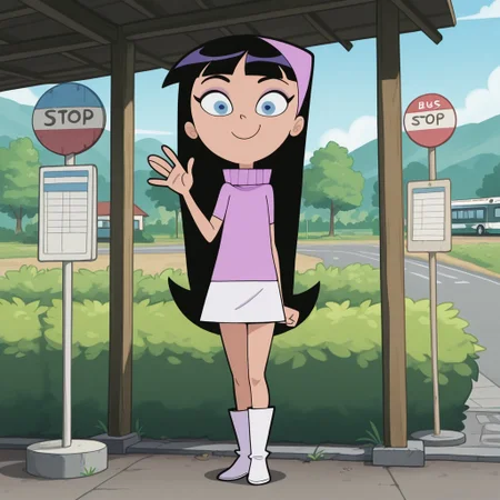 masterpiece, best quality, screenshot, break, solo, trixie_fop, black hair, long hair, bangs, blue eyes, turtleneck, skirt, boots, bus stop, waving, looking at viewer