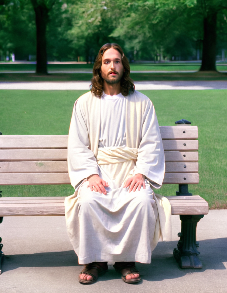 vhsartisticlora, jesus, solo, sitting on park bench