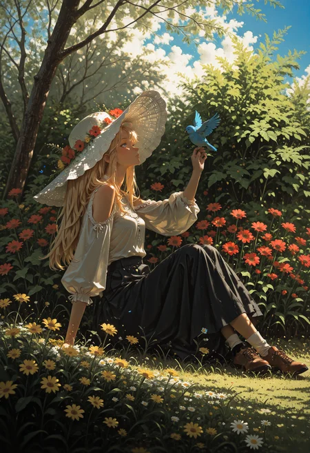 masterpiece, very awa, amazing quality, best quality, newest, highres, absurdres, 1girl, solo, blonde hair, long hair, large hat, white hat, white blouse, puffy sleeves, shoulder cutout, black skirt, shirt tucked in, socks, shoes, sitting, from side, reclining, looking up, arm support, knees up, wide shot, outdoors, grass, garden, flowers, red flower, daisy, yellow flower, blue bird on hat, dappled sunlight, (oil painting \(medium\), painterly:1.1) <lora:NOOB_vp1_detailer_by_volnovik_v1:0.3> <lora:ponyv6_noobV1_2_adamW-000017:0.3> <lora:illustriousXL_stabilizer_v1.23:0.3> <lora:Illustrious:0.3> <lora:KonyaKarasue-000008:0.45> <lora:MoriiMee_Gothic_Niji_Style_Illustrious_r1:0.4> <lora:negative-space:1>