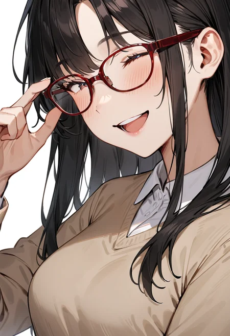 masterpiece, best quality, very aesthetic, absurdres,
1girl, solo, black hair, long hair,
Wellington22A, glasses, red-framed eyewear,
collared shirt, happy, smile, looking at another, adjusting eyewear, white background, simple background,
<lora:glasses_Wellington_cellframe1_SDXL_V1:0.8>