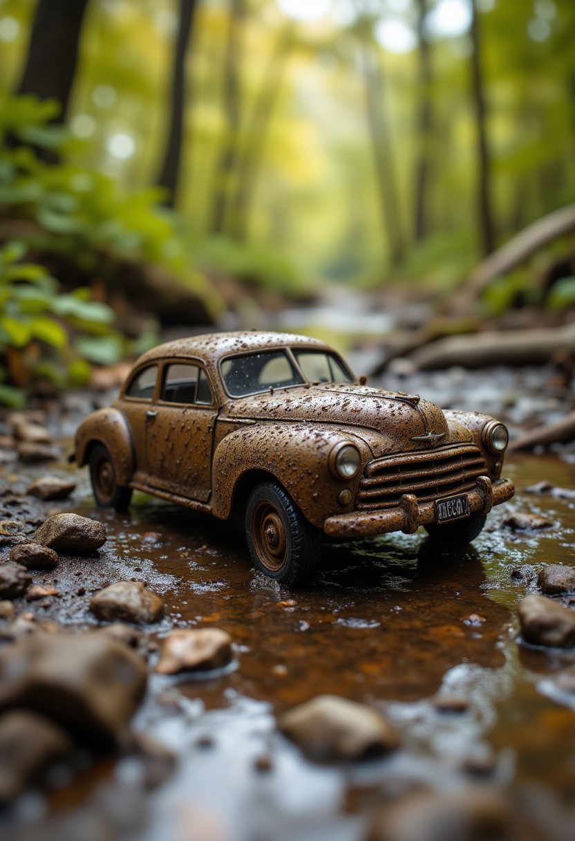 (masterpiece:1.4), professional photo, close-up a old dirt miniature car in mud, forest path (grass, water), dramatic, (natural light:1.2), amazing depth of field, shot on Lumix GH5 (cinematic bokeh , dynamic range, vibrant colors)
,aidmafluxproultra, aidmaHyperrealism, aidmaMJ6.1
