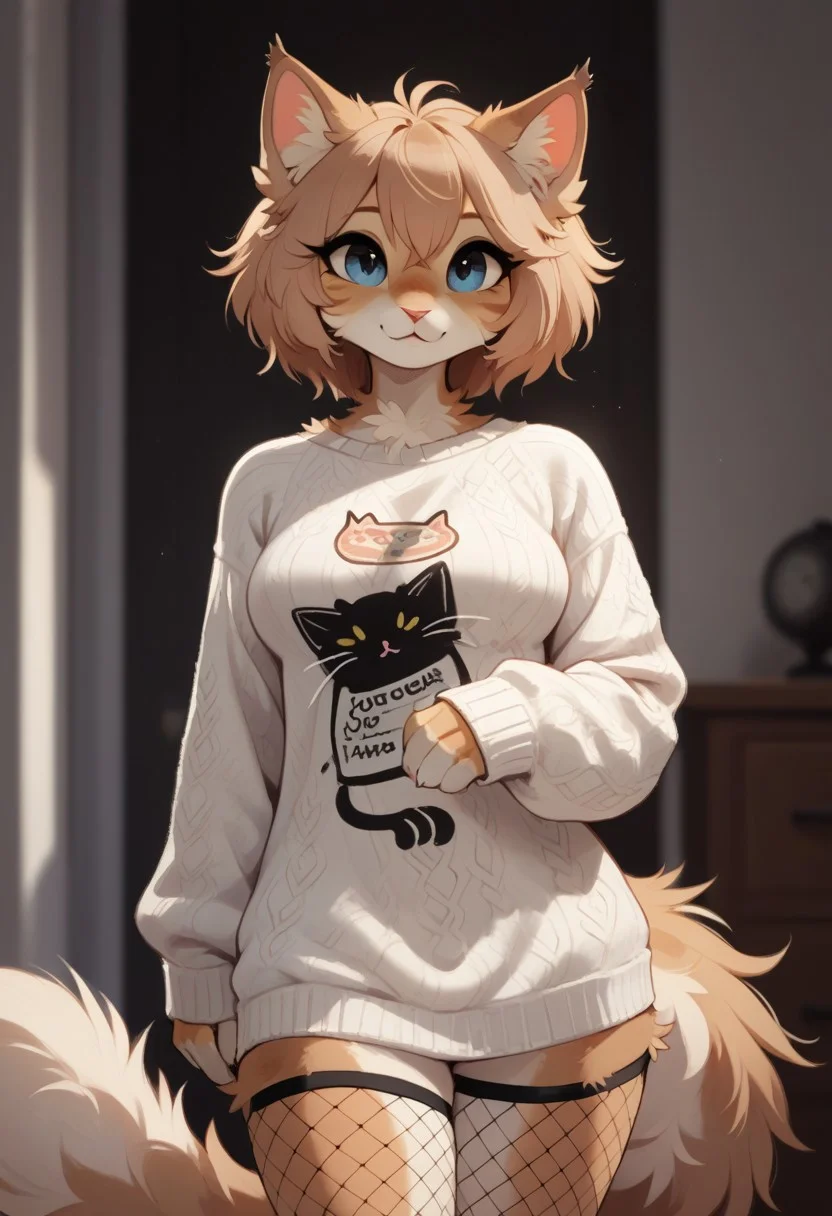 score_9, score_8_up, score_7_up, source_furry, 1girl, by waspsalad, nsfw, anthro cat, highly detailed, natural light, cute, furry, fluffy, female anthro feline, breasts, fishnet thigh highs, very oversized sweater,