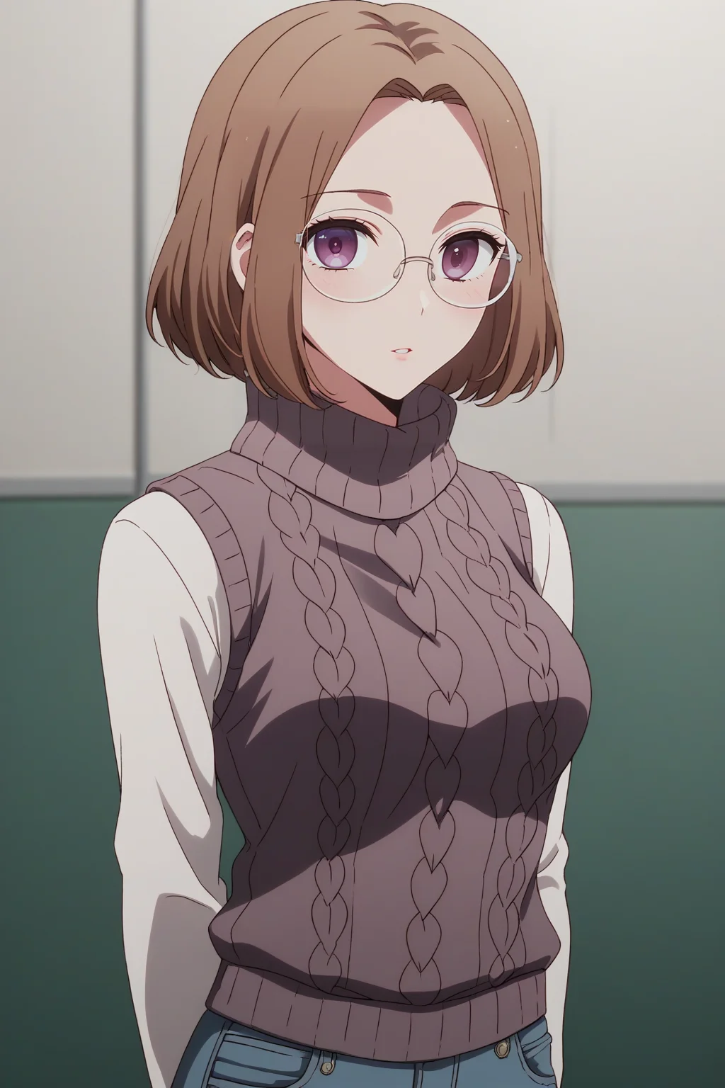 sscore_9, score_8_up, score_7_up, source_anime, 1girl, prefect lighting, very aesthetic, intricate details, highly detailed background, masterpiece, high quality, prefect hands, best quality, solo, 
<lora:Yoriko_Kichijouji_Oshi_No_Ko_V1:.85>, KJOyoriko, brown hair, purple eyes, medium hair, forehead, 
turtleneck sweater vest, white long sleeves, jeans, glasses, 
expressionless, parted lips, dutch angle, looking at viewer, blush, cowboy shot, arms behind back, 
gym, studio,
(Beautiful, medium Breasts:1.2), natural breasts,