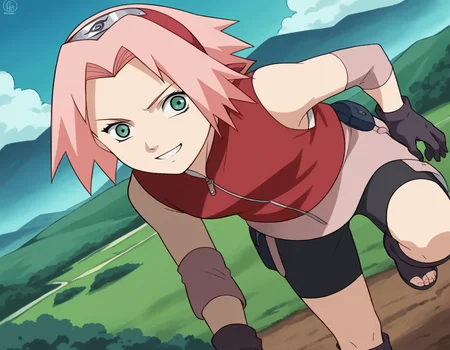 score_9, score_8_up, score_7_up, source_anime,
sakuraharuno, <lora:sakura-haruno-shippuden-s1-ponyxl-lora-nochekaiser:1>,
sakura haruno, short hair, green eyes, pink hair, parted bangs, hairband, forehead protector,
gloves, green eyes, sleeveless, black gloves, red shirt, zipper, forehead protector, konohagakure symbol, boots, bike shorts, zipper, toeless footwear,
outdoors, landscape, smile, bent over,
cowboy shot, looking at viewer, solo, dutch angle,