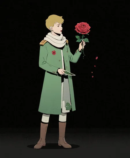 Flat 2D Art, blonde boy wearing green clothes standing on a tiny planet, blonde boy, short hair, wide clothes, (little prince:1.4), Scavengers Reign Style, holding a rose, blood dropping from hand, black background, simple background, yellow scarf, red rose, bloody hand, (solo:1.4), simple flat color, 2-dimensional, Flat 2D Art Style