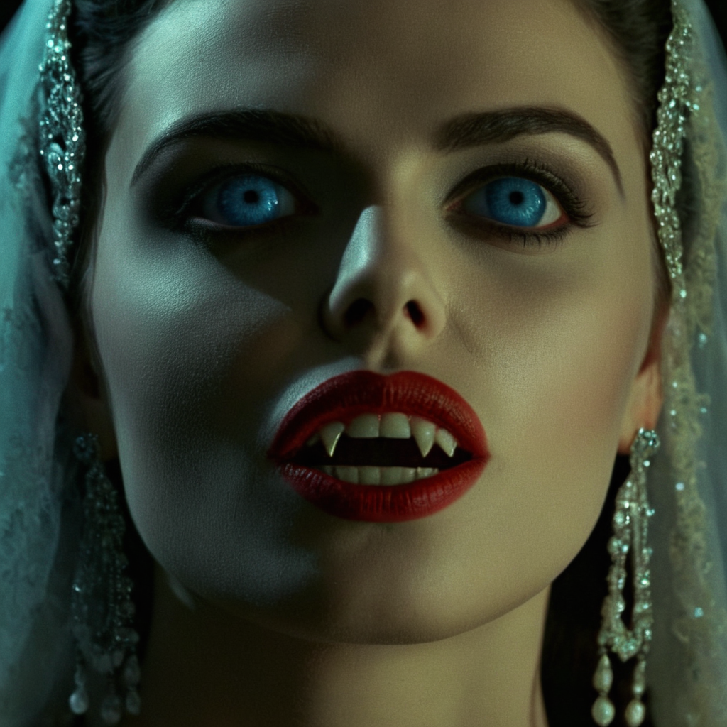 cinematic film still of  <lora:perfect sclera eye style v2:0.5> very big reflective blue eyes 
 <lora:Female Vampire 2:0.5>  <lora:brides of dracula style:0.5>
closeup, 15th-century 1897 a vampire woman with a creepy look on her face staring at camera with vampire fangs and vampire reflecting eyes and red lips Kodak Eastman EXR 50D 5245, EXR 500T 5296 Cinematic Film in a scene from the brides of dracula style, shallow depth of field, vignette, highly detailed, high budget, bokeh, cinemascope, moody, epic, gorgeous, film grain, grainy