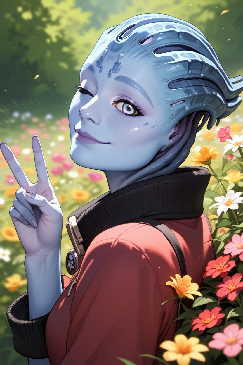 score_9, score_8_up, score_7_up,
<lora:MESamara:0.8>
MESamara, 1girl, blue skin, white eyes, alien, looking at viewer, from side, wink, happy, smile, closed mouth, peace sign, flowers, meadow