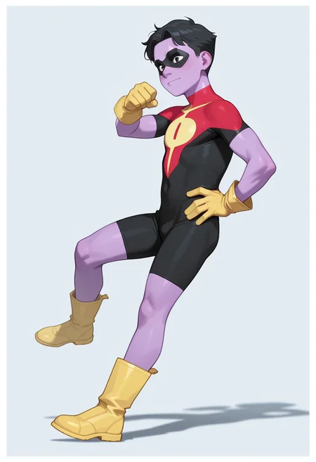 1boy, male focus, cute boy, rOliver_Grayson, Purple Skin, Colored Skin, Black Hair, Black Eyes, Domino Mask, Superhero Costume, Yellow Gloves, Yellow Boots, levitating, hand on hip, side view, simple background, graphic border, cinematic, intricately detailed illustration, depth of field, masterpiece, best quality, amazing quality, very aesthetic, absurdres, newest, very awa, shadow, dynamic angle, casual cosplay, dynamic pose, action pose