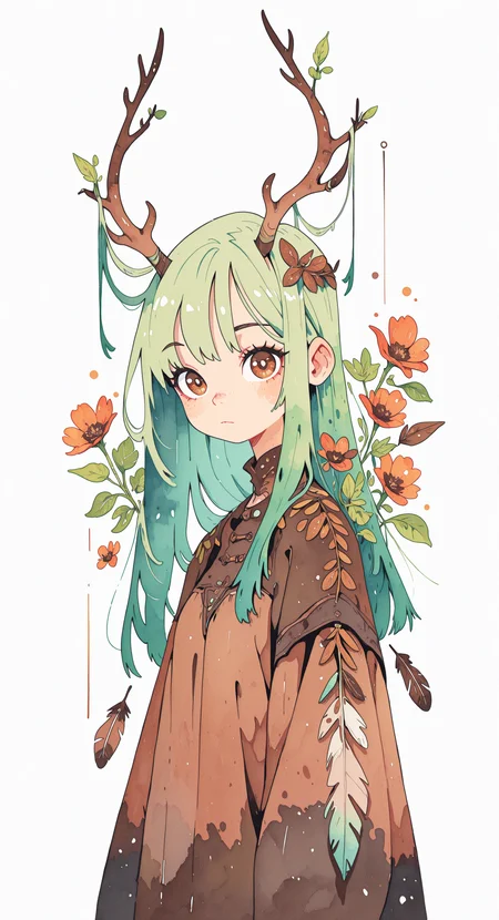 masterpiece,best quality,amazing quality, 1girl, solo, long hair, looking at viewer, white background, brown eyes, upper body, flower, horns, green hair, leaf, feathers, antlers, Flatline, Flat vector illustration,
rapscallionstyle,
watercolor, <lora:ponyv6_noobE11_2_adamW-000017:0.3> <lora:mon_monmon2133:0.5> <lora:114558v4df2fsdf5:0.6> <lora:checkpoint-e18_s306:1.3> <lora:Rapscallion_Illustrious:0.7> <lora:ILwatercolor:0.6>