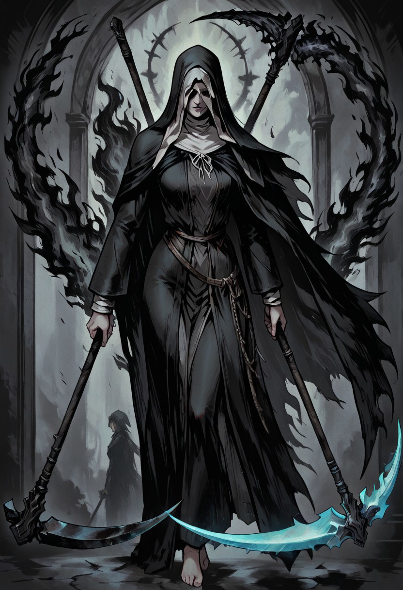 masterpiece, best quality, newest, absurdres, highres, TTCSV1.0, A/BFV1.0, black fire, fire, flame, 
1girl, siiesfrtdeer, covered eyes, habit, nun, black coif, hood up, black veil, black dress, long sleeves, black hooded cloak, barefoot, holding scythe, dual wielding, flaming weapon, black fire, solo, solo focus,