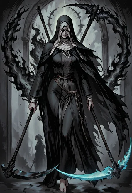masterpiece, best quality, newest, absurdres, highres, TTCSV1.0, A/BFV1.0, black fire, fire, flame,
1girl, siiesfrtdeer, covered eyes, habit, nun, black coif, hood up, black veil, black dress, long sleeves, black hooded cloak, barefoot, holding scythe, dual wielding, flaming weapon, black fire, solo, solo focus,