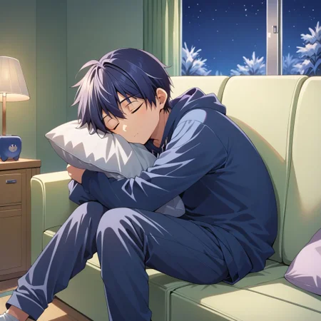 score_9, score_8_up, score_7_up, source_anime, highly detailed,
Tomoya Okazaki / Clannad, 1boy, solo, male focus,
indoor, living room, sofa, pillow, hoodie, long pants, white socks, sleeping, cute expression, cute, tv on, televion on, night, snow,
