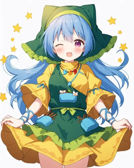 haniyasushin keiki,1girl, solo, one_eye_closed, white_background, green_apron, simple_background, magatama_necklace, yellow_dress, blush, wide_sleeves, long_sleeves, open_mouth, short_sleeves, no_headwear
<lora:haniyasushin_keiki_image1264_2023-12-20-000014:1>,star-shaped_pupils,symbol-shaped_pupils,. gorgeous,key visual, vibrant, studio anime,award-winning, professional, highly detailed,high budget, cinemascope