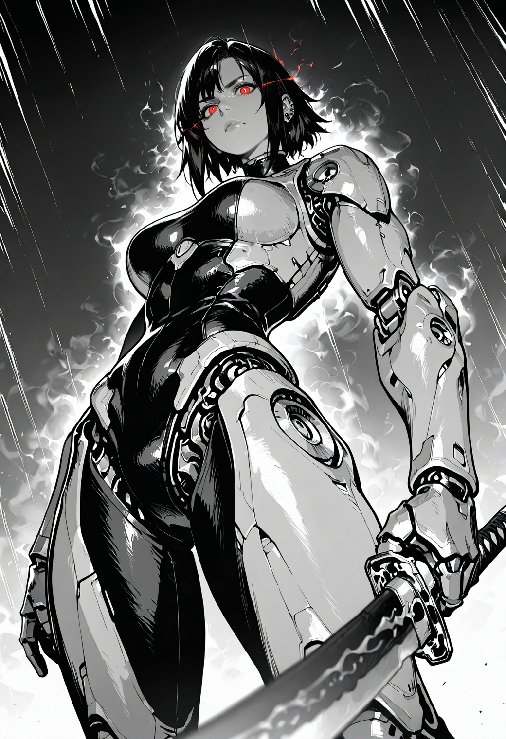 solo,
piercing gaze, angry, serious, determined, confident, glowing eyes,
futuristic steaming_hot blade, red glowing katana, armored,
depth of field, blurry_foreground, energy lines, 
dimly lit, dramatic lighting, volumetric lighting, dark,
heat haze, mirage, from below, low angle, imposing, silhouette, (backlit:1.2), side view,
low angle, from below, imposing, dutch angle,
monochrome,
v2.0,
 <lora:Dot_Comics:1>, masterpiece, best_quality, amazing_quality, very_aesthetic, 8k, high_quality, highres, absurdres, subject_focus,, detailed eyes, perfect eyes, realistic eyes,, mechanical limbs, cyborg, cybernetic, futuristic, mechanical joints, robot,
