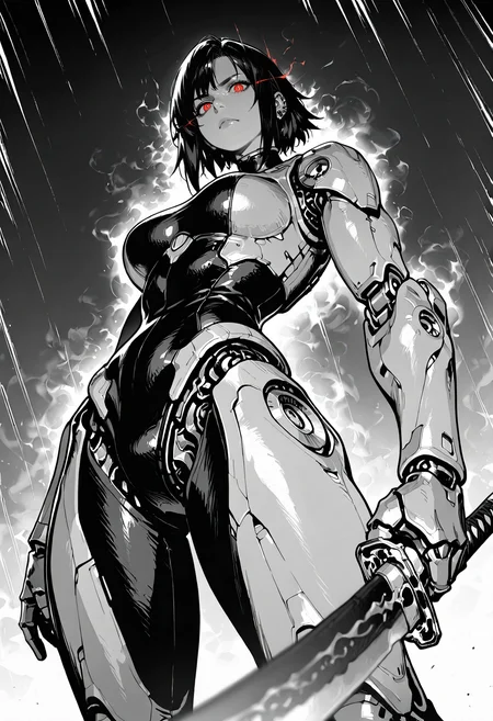solo,
piercing gaze, angry, serious, determined, confident, glowing eyes,
futuristic steaming_hot blade, red glowing katana, armored,
depth of field, blurry_foreground, energy lines,
dimly lit, dramatic lighting, volumetric lighting, dark,
heat haze, mirage, from below, low angle, imposing, silhouette, (backlit:1.2), side view,
low angle, from below, imposing, dutch angle,
monochrome,
v2.0,
<lora:Dot_Comics:1>, masterpiece, best_quality, amazing_quality, very_aesthetic, 8k, high_quality, highres, absurdres, subject_focus,, detailed eyes, perfect eyes, realistic eyes,, mechanical limbs, cyborg, cybernetic, futuristic, mechanical joints, robot,