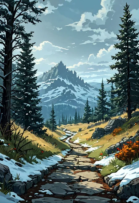 artistic cartoon comic {A skyrimlandscapes, snowy scenery background, trees, grass, dirt, grey overcast sky, on a stone path leading to a dungeon} . graphic illustration, comic art, graphic novel art, highly detailed, vibrant colors, 8k, sharp, professional, clear, high contrast, high saturated, vivid deep blacks, crystal clear,