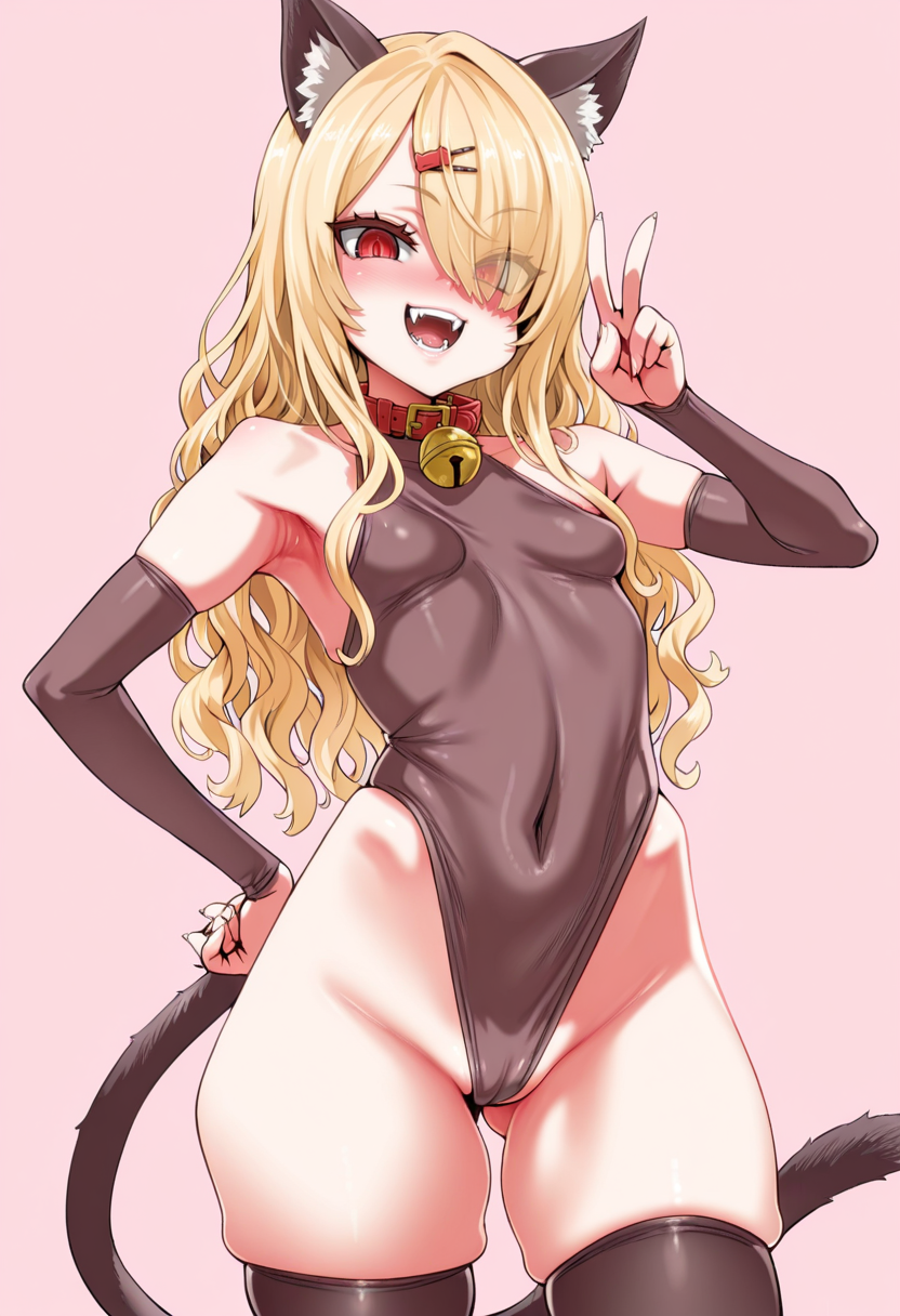 masterpiece, best quality,
 <lora:Asanagi:1> S4s4k1Nsfw, 1girl, solo, bell, animal ears, tail, long hair, thighhighs, covered navel, breasts, red eyes, leotard, neck bell, collar, cat tail, fangs, cat ears, highleg leotard, smile, highleg, blonde hair, hand on hip, open mouth, teeth, detached sleeves, hair over one eye, blush, looking at viewer, hair ornament, small breasts, ass visible through thighs, hairclip, armpits, wavy hair, v, bare shoulders, jingle bell, :d, skindentation, bangs, fingernails