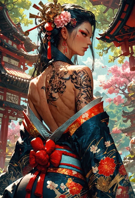 (score_9, score_8_up), score_7_up, zPDXL, solo, <lora:MythP0rtr4itStyle:1>, mythp0rt, 1girl, girl, looking back, black long hair, hair ornament, kimono, back exposed. detailed yakuza tattoo on back, in a japanese garden