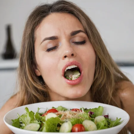 photo of woman eating salad with orgasmface  <lora:orgasmface_SDXL:0.9>