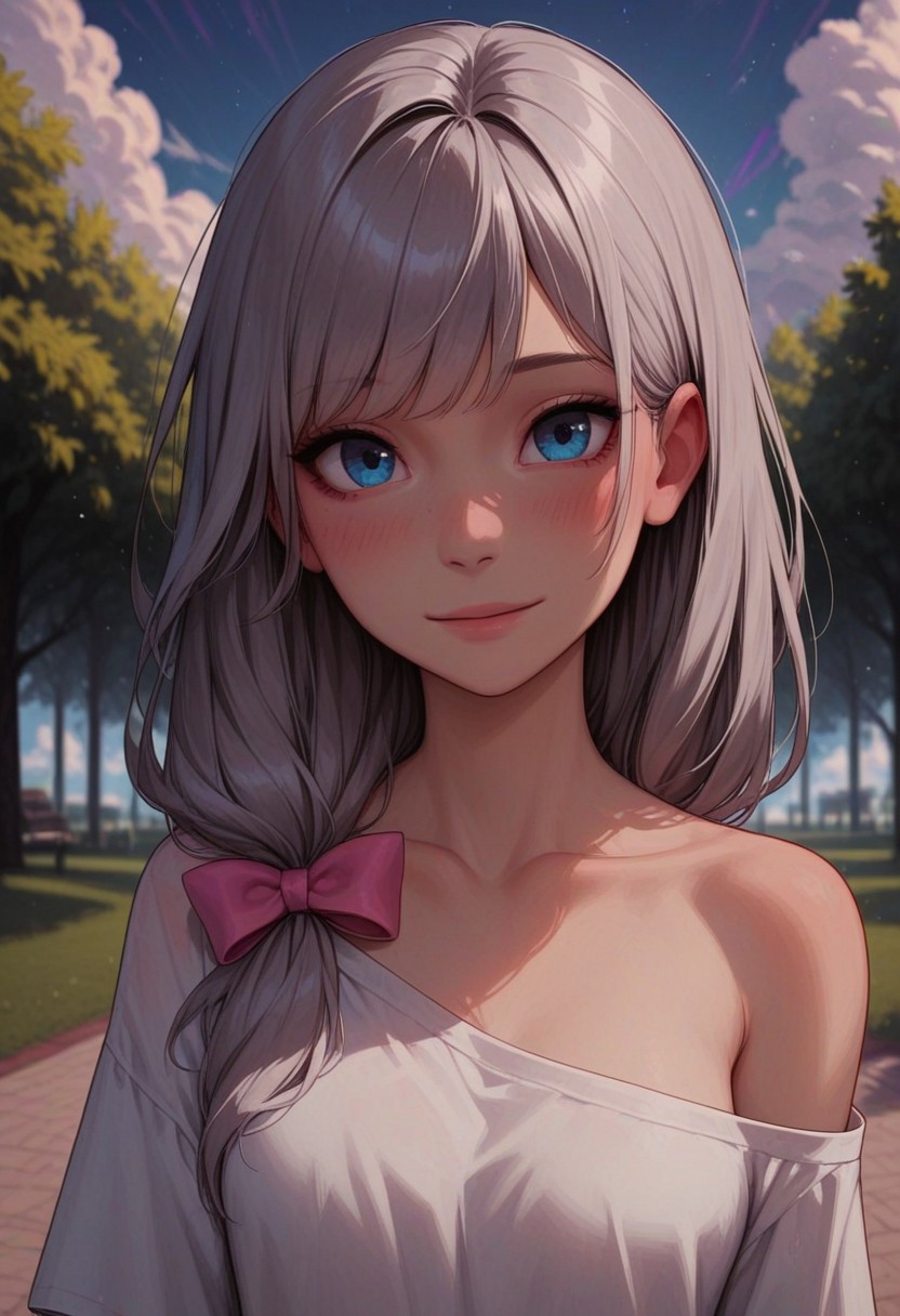 masterpiece, best quality, amazing quality, p0nyd1sney1ncasev1x0n2:1.5, 1girl, 25 years old, perfect face, 
detailed face, portrait, face focus, depth of field, looking at viewer, shy smile, (close up),
blue eyes,
grey hair, long hair, hair bow, low-tied long hair, sidelocks, 
pink bow, 
white shirt, oversized clothes, collarbone, bare shoulders, off shoulder, off-shoulder shirt, 
sky, clouds, park, rainbow,