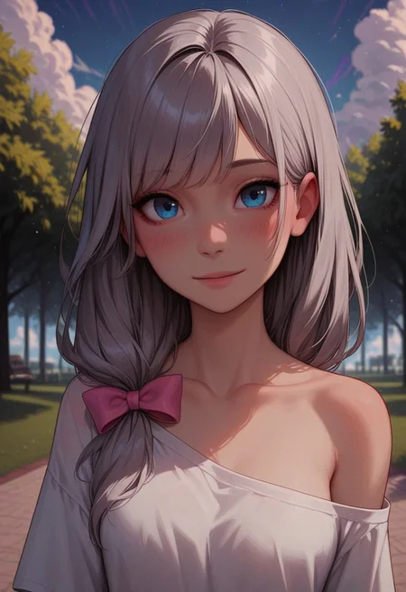 masterpiece, best quality, amazing quality, p0nyd1sney1ncasev1x0n2:1.5, 1girl, 25 years old, perfect face,
detailed face, portrait, face focus, depth of field, looking at viewer, shy smile, (close up),
blue eyes,
grey hair, long hair, hair bow, low-tied long hair, sidelocks,
pink bow,
white shirt, oversized clothes, collarbone, bare shoulders, off shoulder, off-shoulder shirt,
sky, clouds, park, rainbow,