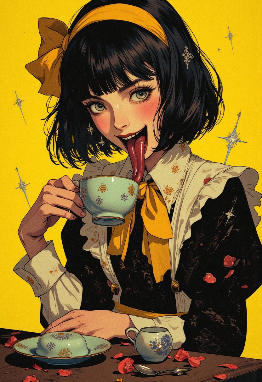 masterpiece, best quality, create a detailed oil painting in a dark fantasy style featuring a 1girl, solo, a giant scary smile and a very long tongue sticking out, the tongue hanging below the chin, blush, short hair should be holding an ancient teacup, bob cut, yellow background, yellow bow, pinafore dress, yellow hairband. Incorporate techniques from digital portrait art and fantasy illustration, using digital airbrushing to enhance the details. The artwork should be inspired by the Renaissance, showcasing realism and the qualities of portrait photography. Focus on creating a captivating and imaginative portrayal of this unique character, Cinematic, beautiful, vibrant, masterpiece, 32k, ultra HD, ultra-detailed, amazing quality, amazing artist, sharp edges, detailed textures, full view, atmospheric lighting, amazing visuals