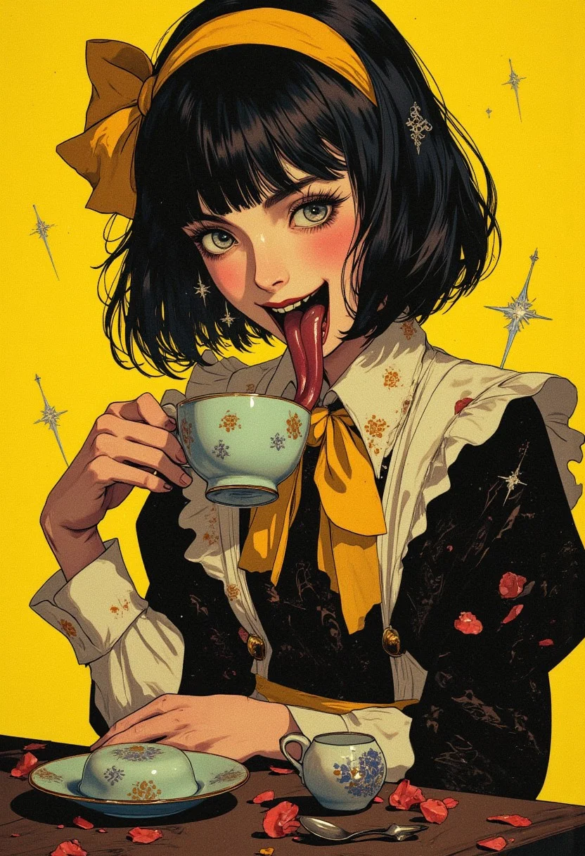 masterpiece, best quality, create a detailed oil painting in a dark fantasy style featuring a 1girl, solo, a giant scary smile and a very long tongue sticking out, the tongue hanging below the chin, blush, short hair should be holding an ancient teacup, bob cut, yellow background, yellow bow, pinafore dress, yellow hairband. Incorporate techniques from digital portrait art and fantasy illustration, using digital airbrushing to enhance the details. The artwork should be inspired by the Renaissance, showcasing realism and the qualities of portrait photography. Focus on creating a captivating and imaginative portrayal of this unique character, Cinematic, beautiful, vibrant, masterpiece, 32k, ultra HD, ultra-detailed, amazing quality, amazing artist, sharp edges, detailed textures, full view, atmospheric lighting, amazing visuals