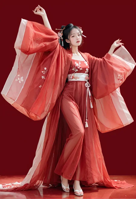 red background,full body,,ruanyi0750,hanfu,wide sleeves,red dress,see-through,dancing,Song Mo,<lora:0750 Large sleeve shirt Hanfu_v1_pony:0.8>, score_9,score_8_up,score_7_up,,8k,1girl,solo,