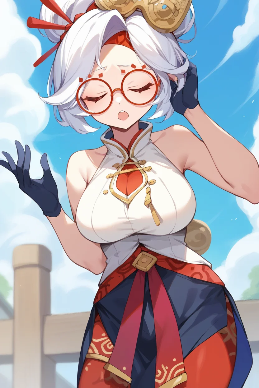 score_9, score_8_up, source_anime, masterpiece, best quality, 1girl, solo, <lora:purah-pdxl-nvwls-v1-000005:1> purah, hair ornament, red headband, red glasses, sleeveless shirt, black skirt, red leggings, gloves, (large breasts:0.8), closed eyes, sighing, hand to own head, open mouth, exasperated, looking at viewer, blue sky, standing, cowboy shot, anger veins, bare shoulders