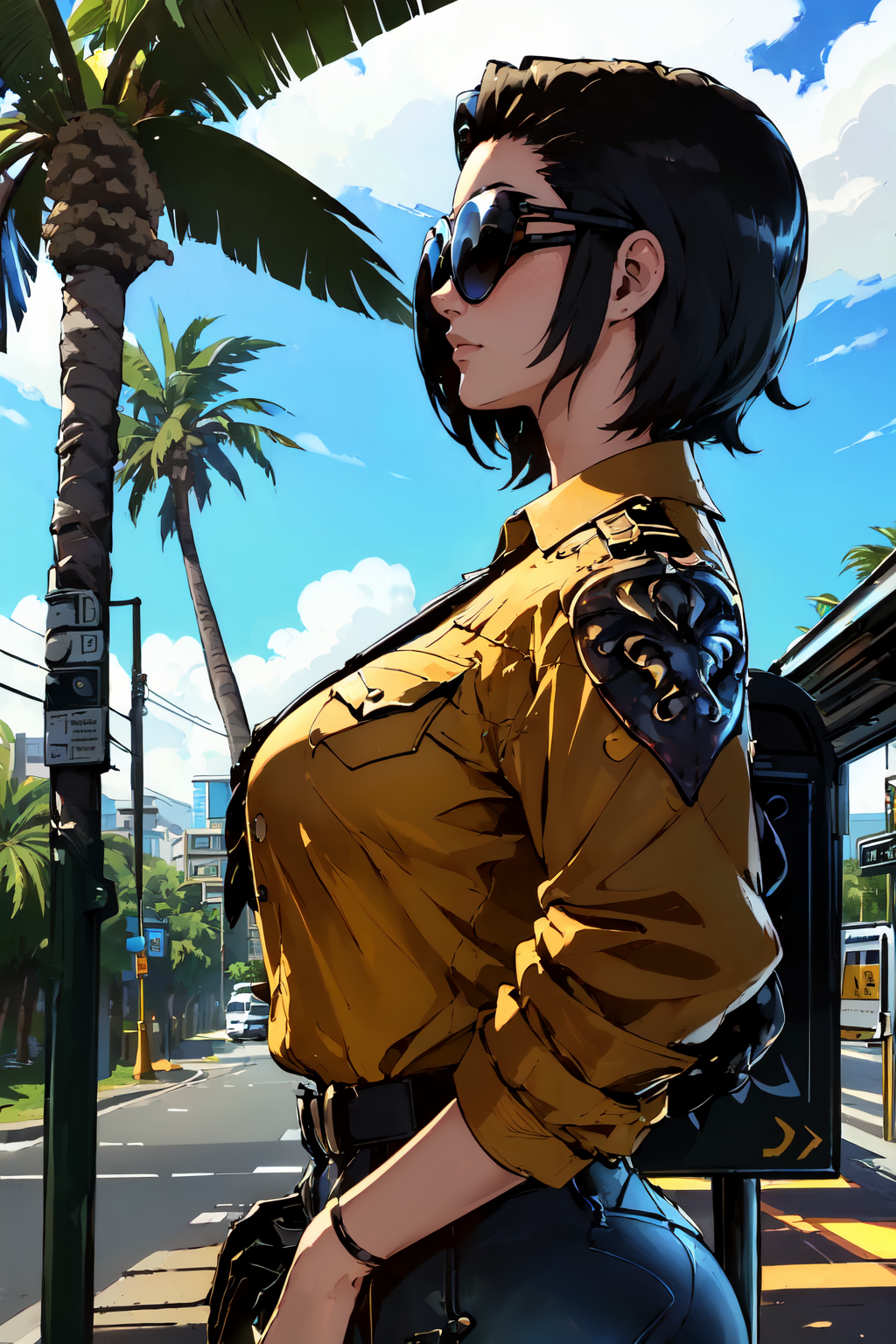 (((upper body, a woman  standing on a busstop, dark sunglasses, view from side, sunny, palms))), beautiful eyes, beautiful girl, high detail skin, high detail eyes, high detail hair, highres, ultra detailed, sharpen picture, Highly detailed, masterpiece, best quality, photorealistic,
 <lora:FreynaLoRA:0.9> 1girl, short hair, yellow shirt,