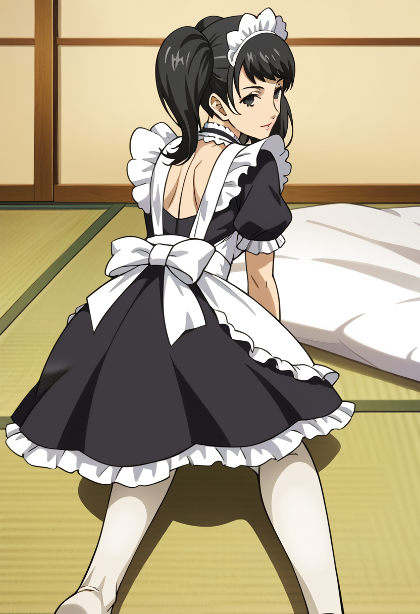 1 girl, solo, cute face,
p5kawakami, black hair,
p5kawakami-becky, maid, twintails, pantyhose, white pantyhose, maid headdress,
bedroom, tatami, from behind, looking at viewer, looking back, seductive, kneeling, on all fours,
masterpiece, best quality, ultra detailed,