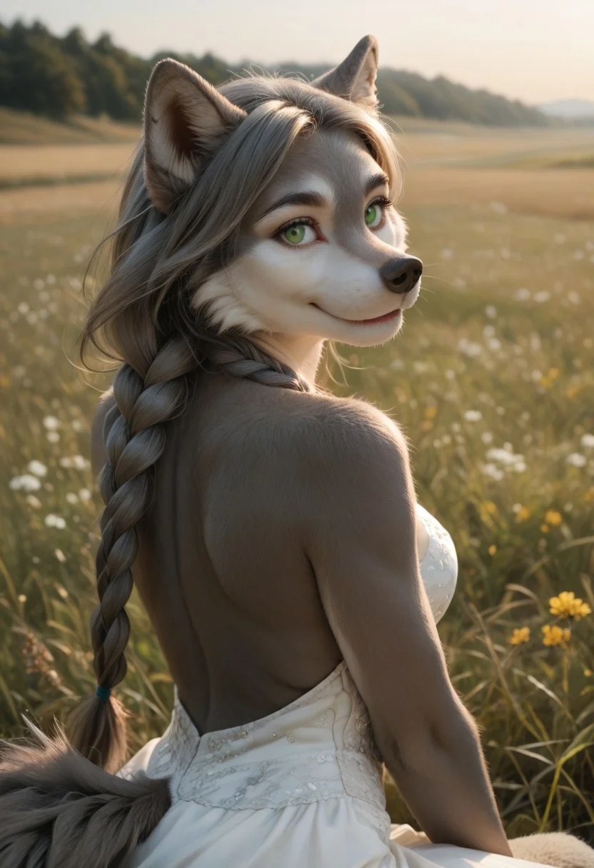 score_9, score_8_up, score_7_up, score_6_up, female Anthro, White Cheeks, gray fur, green eyes, beautiful eyes, wolf tail, Gray Long Hair, Swept Bangs, Gray Twinbraids, disambiguation, elegant furry hands, eye focus, smile, sitting in field, sideview, eye focus, looking over shoulder